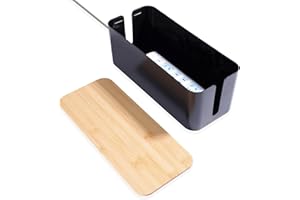 QOEOTUY Caja de gestión de cables: negro, 32 cm de longitud, ABS y bambú, organizador y ocultador para cables y regletas de alimentación