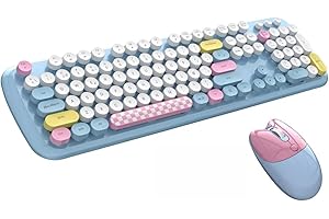 Zienstar-Pack de Teclado y Ratón Inalámbrico Español,Tecla Redondas Retro Vintage,Multicolores-Azul