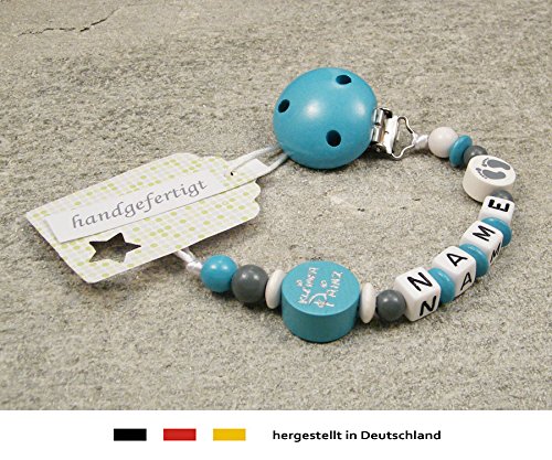 Baby SCHNULLERKETTE mit NAMEN | Schnullerhalter mit Wunschnamen - Jungen Motiv "kleiner Prinz" in türkis