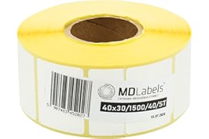 ‎MD LABELS MDlabels Weiße Thermo etiketten auf Rolle 40x30mm 1500 Stück permanent haftend, für Barcode, weiße Klebeetiketten zur Beschriftung