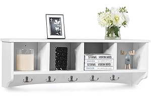 Multigot Wall Mounted Coat Rack, Wooden Floating Wall Coat Hanger with 4 Storage Compartments and 5 Metal Hooks, Hanging Storage Display Cabinet for Hallway, Entryway, Living Room (White)