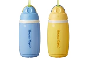 Tommee Tippee Tazza Termica con Cannuccia Flessibile, 266 ml, Borraccia Antigoccia per Bambini dai 12 Mesi in Su, con Chiusura a Scatto per Tenere la Cannuccia Pulita, Blu e Giallo, Confezione da 2