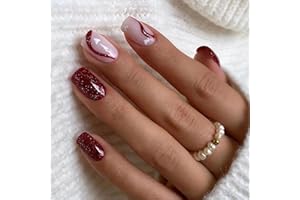 CEBOIC 24 Piezas Uñas Postizas Cortas Cuadradas Francesas Brillantes Uñas Press on Nails de Cobertura Completa Adhesivas Uñas Falsas Decoradas Acrílico Natural con Diseños para Mujeres y Niñas (I)