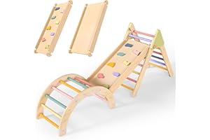 LOL-FUN 7-in-1 Klettergerüst Set, Faltbares Kletterdreieck mit Rutsche und Kletterbogen, Holz Multifunktionales Indoor-Spielzeug für Kleinkinder