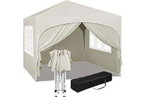 WOLTU Pabellón de Jardín Cenador Plegable Pérgola con Techo Carpa para Exteriores de Tela Oxford, 3x3 m, con Paredes Laterales Altura Ajustable para Camping y Playa,Beis