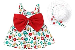 PATPAT Vestido y Conjunto de Sombrero de Paja, Vestido de Verano, Vestido de Sol, Vestidos Tutú, sin Mangas, Espalda Descubierta, Fiesta de Cumpleaños, Boda, Fiesta