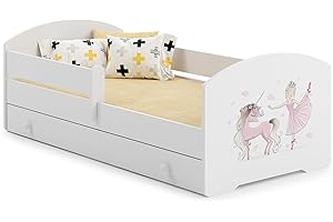 KOBI Letto per Bambini con Sponde LUK | Unicorno Rosa e Ballerina Lettino Bambina con Cassetto | 160 x 80 CM | Lettino Bambino con Materasso | Lettini per una Ragazza un Ragazzo | Letto Bimbo Singolo