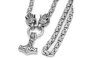 GuoShuang Mjolnir Halskette Wikingerschmuck für Herren, Wolf mit Thor Hammer, Edelstahl, Geschenk, Norwegen-Anhänger