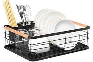 M.J COMFY-LIFE Dish Drainer Rack with Removable Drip Tray - Large Space Saving Kitchen Drying Rack for Plates, Bowls & Cutlery - Rust-Proof Metal Frame with Wooden Handles (BLACK)