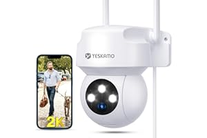 YESKAMO 2K Camera Surveillance WiFi exterieure sans Fil WLAN 360° Mouvement Humain, Suivi Automatique, Vision Nocturne Couleur, IP66, 2 Voies Audio Camera Exterieur, Stockage projecteur, avec Alexa