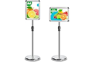 VAIIGO A4 Sign Stand Adjustable Poster Stand Aluminum Snap Frame Menu Stand Replaceable Advertising Rack Floor Display Stands with Safety Corner and Stable Round Base (Silver, A4)