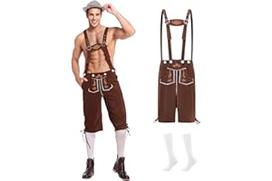 Harsever Lederhose Herren Set, Trachten Leddsserhose Oktoberfest Outfit Trachtenhose mit Träger und Socken, Lederhosen Herren Schwarz/Braun, Bayrische Tracht Outfit für Oktoberfest