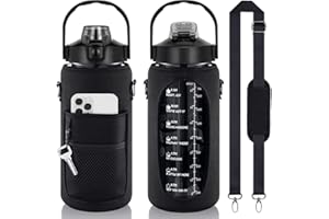 Yeeyf Butelka na wodę z oznaczeniami czasu, 1,8 l, otwierana zakrętka, duży otwór, izolowane etui neoprenowe i pasek na ramię, idealna na podróż, siłownię, czarna