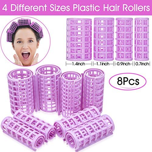 Yousha 8Pcs DIY Home Medium Plastic Hair Rollers Pro Salon Hairdressing Curlers Clips for Women Ladies (Four Sizes in A Set, Purple)