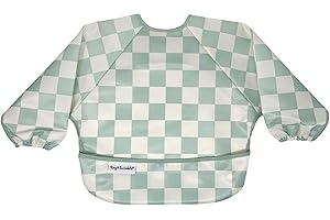 Tiny Twinkle Mess Proof Baby Bib, Cute Full Sleeve Bib Outfit, Waterproof Bibs for Toddlers, Machine Washable, Tug Proof, Baby Smock for Eating, Long Sleeved (Checkers Sage, Small 6-24 Months)