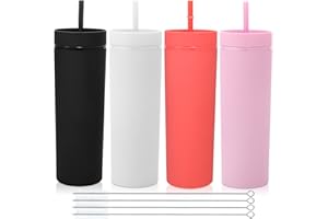 Volhoply 600ml Tumbler en Plastique Réutilisables Lot de 4,Tasse en Plastique à Double Paroi avec Couvercle et Paille,Gobelets à Café en Acrylique de Matte Libre BPA pour Soirées,Cadeaux(Mixte,4 Set)