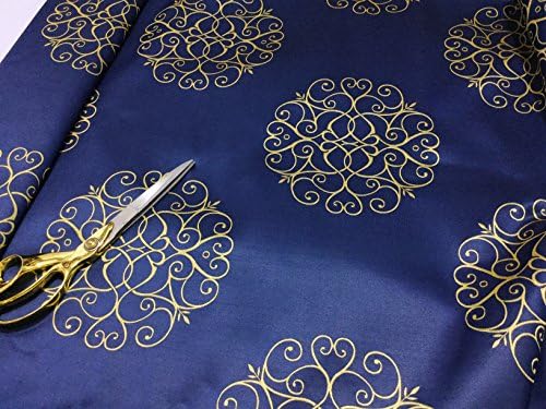Damask Design Reversible Satin Jacquard Curtain/Craft/Cushions Fabric Material (Blue-Gold)