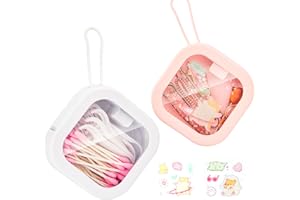 AIMIXUN 2 PCS Hair Tie Organizer Portable Qtip Holder Jewelry Crafts Holder Travel Dispenser Small Stackable Storage Box for Cotton Pads Swabs, Hairpins, Candy, Earrings 1 White+1 Pink (With Stickers)