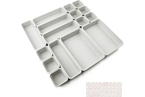 NUTS OT NUTS Organizer per Cassetti Cucina Bagno Divisori Cassetti 16Pcs Organizzatore per Organizzazione Scrivania Contenitori per Trucchi in Plastica con 40 Cuscinetti in Silicone Antiscivolo (Grigio Chiaro)