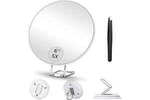 HMGGOOFA 5X Handheld Magnifying Mirror, 6inch Makeup 5X Magnification Mirror and Tweezers, Travel Magnfied Mirror with Suction Cups & Adjustable Stand, Compact Magnifying Mirror 5X Travel Makeup Magnification
