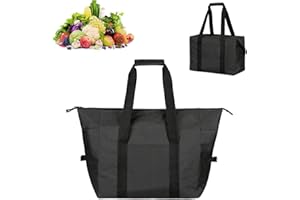 Omevett Insulated Shopping Bag 20L Black Picnic Bag Soft Thermal Bag Foldable Cooler Bag Insulated Food Bag with Hard Liner Large Capacity Lunch Bag for Camping BBQ Family Outdoor Activities Beach