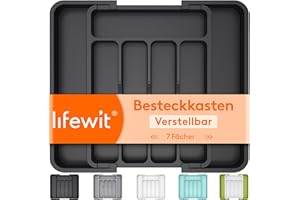‎LIFEWIT Lifewit Besteckkasten für Schubladen, verstellbarer Kunststoff Organizer Küche Tiefe 31 cm, Besteckeinsatz 5-7 Fächer, erweiterbar bis 37 cm, für Löffel und Gabeln, Schwarz, Mittel