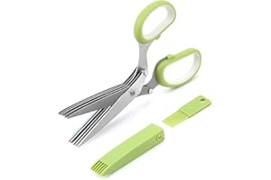 GEEKHOM Herb Scissors - Stainless Steel Kitchen Scissors 5 Blades Spice Scissors for Chopping Vegetables, Chives, Herbs, Rosemary, Sharp Cooking Scissors with Case and Cleaning Comb, Green
