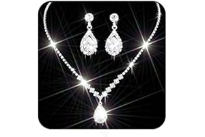 Ushiny Juego de joyas de boda para novia, juego de collares y aretes de diamantes de imitación de plata con cristales brillantes para mujeres y niñas, Gema Plata, Diamantes de imitación, perlas