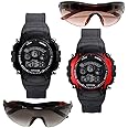 pass pass Multicolour 7 Light & Goggal Watch + Sunglasses for Age 5 to 12 Years Boys & Girls (Pack-4) (Black & Red)