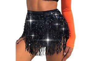 Ushiny Festival Outfit Sequin Tassel Skirt Costume Rave Mini Skirts Dance Fringe Hip Scarf Glitter Sequin Skirt for Women