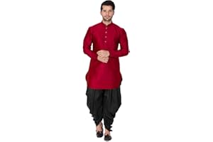 VASTRAMAY Kurta- und Dhoti-Set für Herren aus Seidenmischung – klassische ethnische Kleidung, geschwungene Form, Pathani-Stil, mittellang, volle Ärmel, Mandarinenkragen, Kurta mit Wasserfall-Stil
