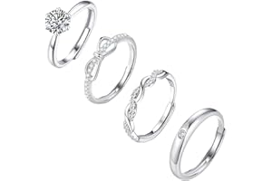 sawyofu Sterling Silver Adjustable Rings For Women 4pcs Cubic Zirconia 925 Silver Plated Wedding Stacking Rings Sets For Women Jewellery