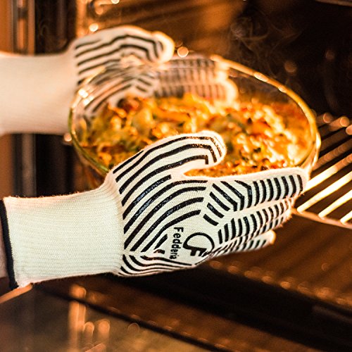 Premium Grillhandschuhe 2er Set weiß beige. Bis zu 500 °C Hitzeschutz. Ofenhandschuhe aus hitzebeständiger Nomex-Faser. Mit rutschfesten Silikonstreifen. - 6