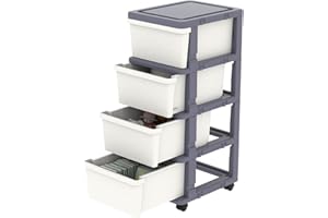 Cetomo Plastic Storage Drawers Unit, Storage Drawer on Locking Wheels, Tower with Interlocking Hooks for Home Office Closet Bedroom Dorm, Detachable, Free Combination, White and Gray, 4 Drawers