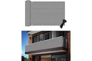 POYEE Brise-vue gris clair 0,9 x 5 m - Protection UV - Résistant aux intempéries - Imperméable - Pour extérieur, terrasse, appartement, cour, porche, terrasse - Avec attaches zippées