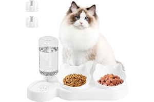 Birshe Miska na Karmę,kota 3 w 1 Misek,konstrukcja nachylenia 15°,Dla Kotów Miska,Podwójna Miska na Karmę na Mokrą i Suchą Karmę,z Automatyczną Butelką na Wodę,dla Małych średnich Psów Kotów
