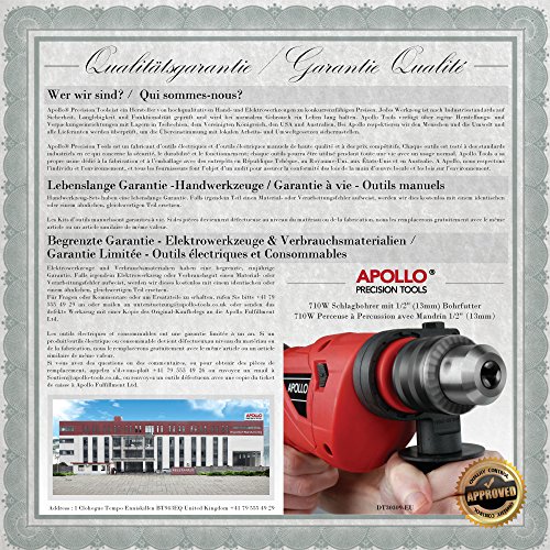 Apollo Kraftvoller 710 Watt Profi-Bohrer mit 13mm Hochleistungsbohrfutter, Hammerfunktion für das Bohren in Beton und Stein. Abstellbare Schlagfunktion für das Bohren von Stahl und Holz und das Drehen von Schrauben - 7