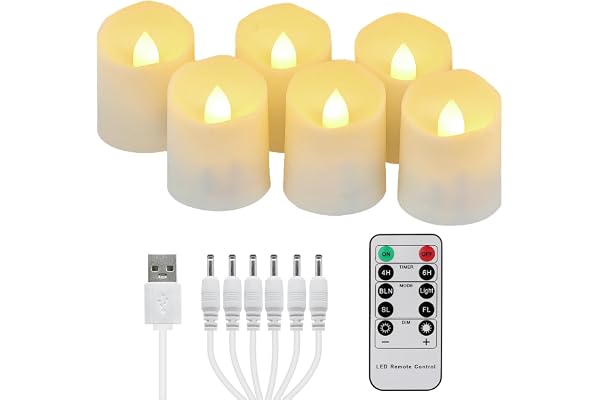 FREEPOWER 6 Bougies LED Rechargeables USB avec Minuterie, Télécommande, Flamme Vacillante, électriques Chauffe Plat, Blanc Chaud, Décoration pour Noël Halloween Fête Famille, 4 x 4.5cm