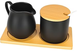bssmmai Set di latte e zucchero con coperchio e cucchiaio, bricco per il latte in ceramica nera e zuccheriera con vassoio in legno, per il latte, lavabile in lavastoviglie e adatto al microonde
