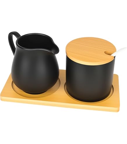 CEWROM Melk En Suiker Set Keramiek - Met Deksel, Lepel & Dienblad - Zwart
