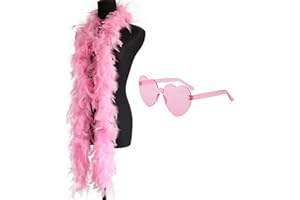 BAYMETY Pink Feather Boa And Heart Glasses,6.56Ft Baby Pink Feather Boa And Light Pink Heart Glasses Natural Turkey Feather Boa And Heart Glasses Set For LGBT Pride Parade Wedding Bachelor Halloween Christmas