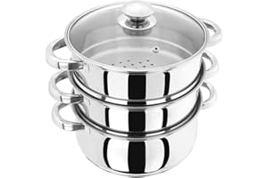 Judge Essential 3-Tier Stainless Steel Steamer - Thermic Based & Vented Glass Lid, Oven-safe Vegetable Steam Cooker with Cool Handles – Energy-Efficient, Induction Ready Healthy Steamer Cooking – 20cm