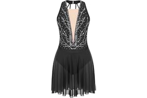 Oyolan Femme Robe Patinage Artistique Justaucorps Gymnastique Danse Strass sans Manches Tenue Performance S-XXL