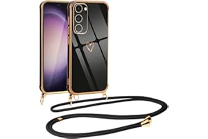 Vauki Funda con Cuerda para Samsung Galaxy S23, Patrón de Corazón TPU Carcasa, con Colgante Ajustable Collar Correa para el Cuello Cadena Cuerda, AntiChoque Suave Silicona Cover para Samsung S23,Negro