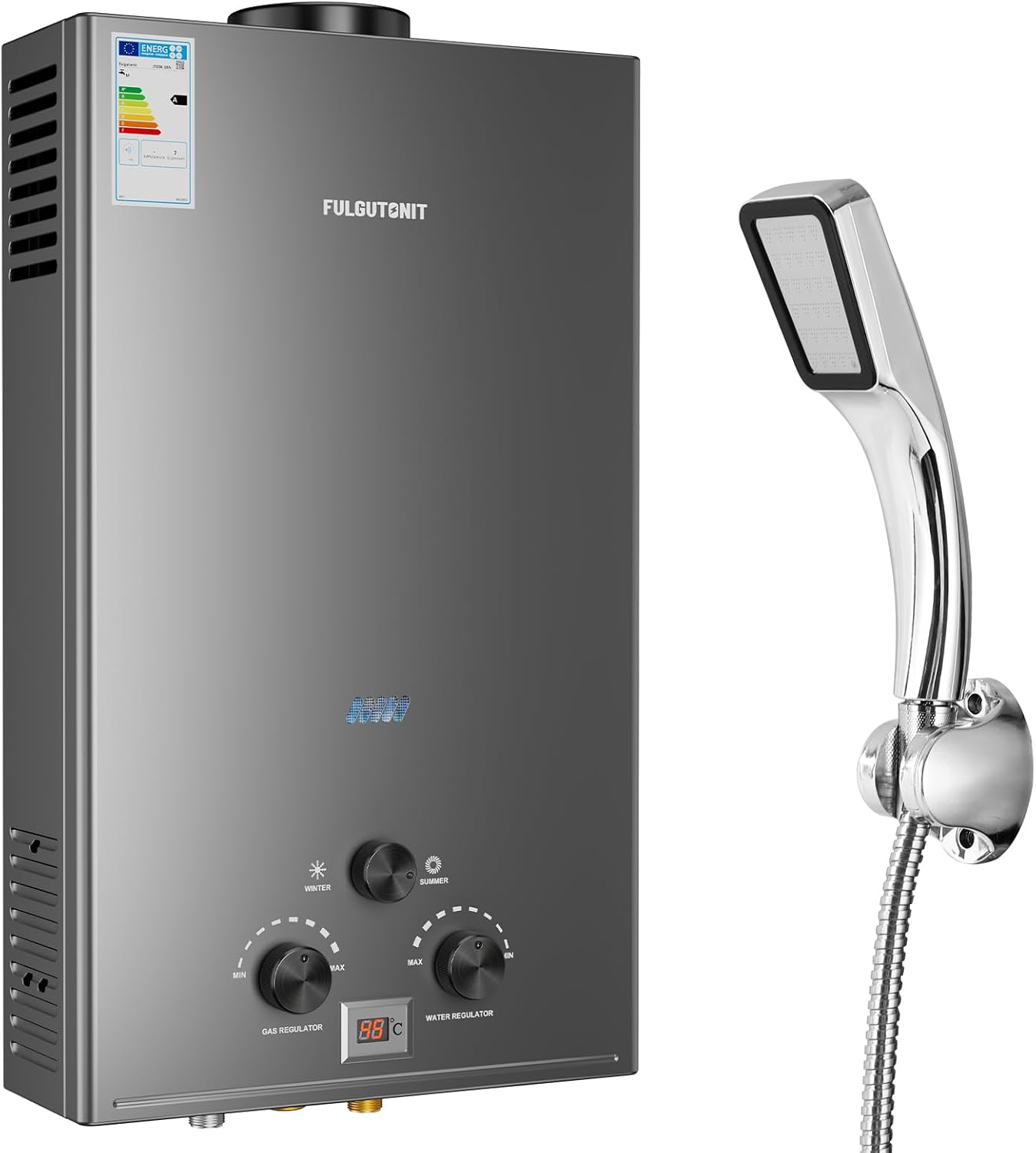 Fulgutonit 18L Calentador de Agua a Gas,36 kW Calentador de Agua Butano y Propano con Ducha y Pantalla Digital,Presión de Agua de Arranque 0.25 Bar,para Pisos,Chalets, Caravanas