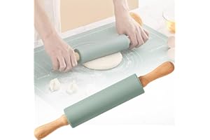 XINXINPHI 38cm Rodillo Pastelero Superficie Silicona Antiadherente con Manija Madera, Accesorios Rodillos Amasar Cocina Mango de Haya para Horneado Tarta Corteza, Pizza, Pasteles Masa, Fondant, Galletas, Azul