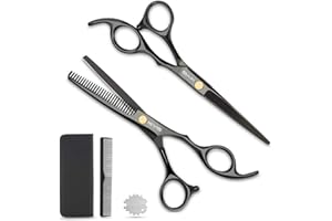 KYG Set 2 Ciseaux Coiffure 6.7 Pouces Professionnels et de Coupe de Cheveux Amincissement en Acier Inoxydable Désépaissir Effiler Sculpteur Peigne De Coiffure avec Emballage - Noir