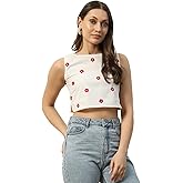 FIORRA Women's White Embroidered Cotton Crop Top