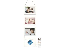 NEOWS - Marcos de Fotos Multiples Decorativo para Colgar en Pared con Vidrio Alta Definición Fotos de 10x15cm - Collage 4 Fotos Con Cuerda - Conjunto de Marcos Colgante Blanco - Portafotos Vintage
