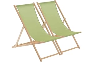 Harbour Housewares Folding Wooden Deck Chairs – Lime Green – Pack of 2 – Adults Traditional Foldable Reclining Outdoor Canvas Sun Lounger Chair Seat for Garden Patio, Beach, Camping